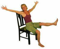 Lakshmi Voelker celebrating another chair yoga session.